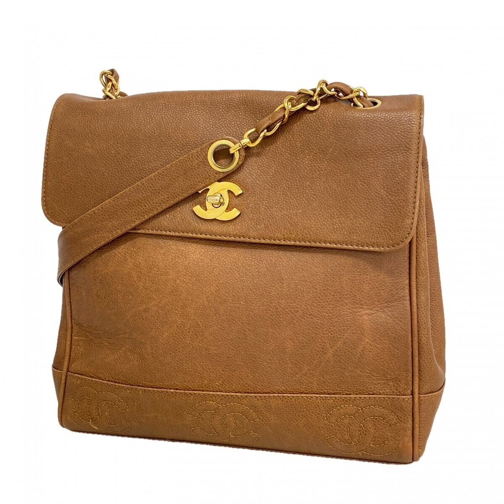 Chanel Triple Coco Chain Shoulder Bag Caviar Skin Brown